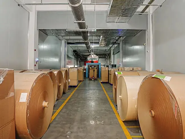 ProPac Solution raw material warehouse with large kraft paper rolls.
