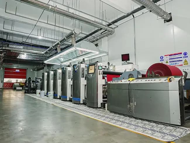 Multi-colour printing press production line inside the facility.